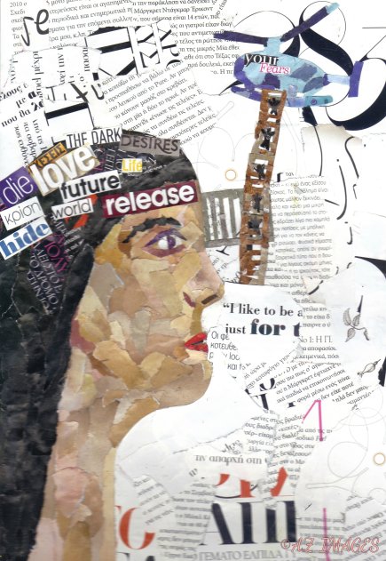 'Release Your Fears' torn paper collage 24 x 34 cm